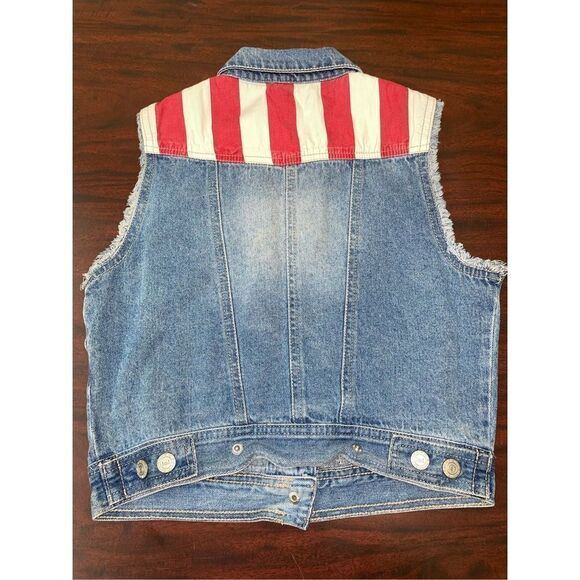 L.e.i. Button Up American Flag Devin Denim Cropped Vest Size Small - Picture 3 of 6